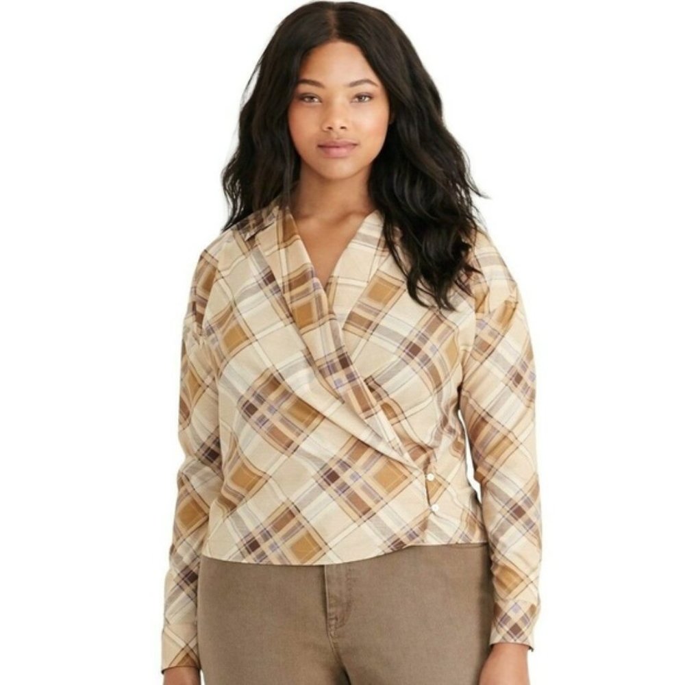 NWT Womens Plus Size 2X Ralph Lauren Plaid Pattern Surplice Blouse Top
